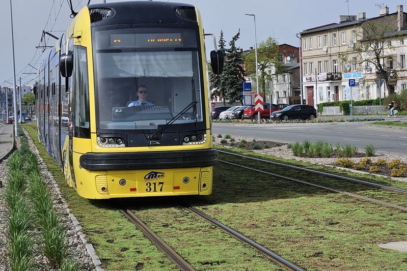 żółty tramwaj na zielonym torowisku